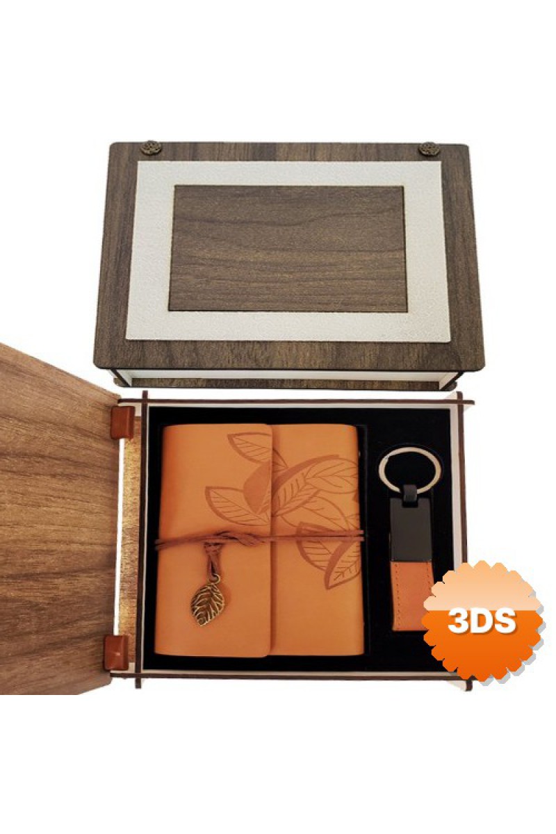 Özel Ahşap Kutulu Taba Deri Defter ve Anahtarlık Set