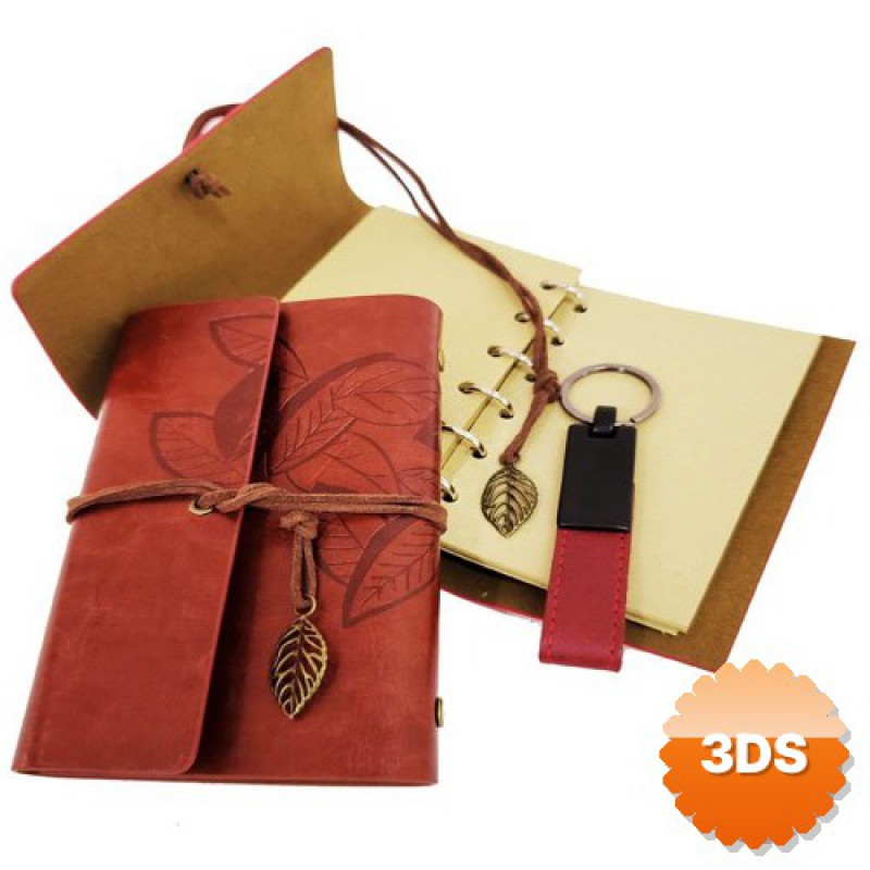 Dekoratif Ahşap Kutulu Kahverengi Deri Defter ve Anahtarlık Set