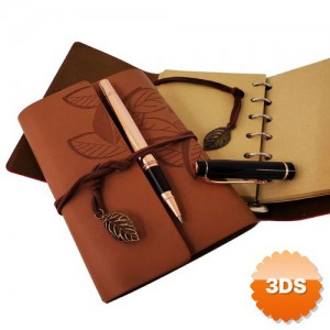 Ahşap Kutulu Taba Renk Deri Defter ve Metal Bakır Kalem Set