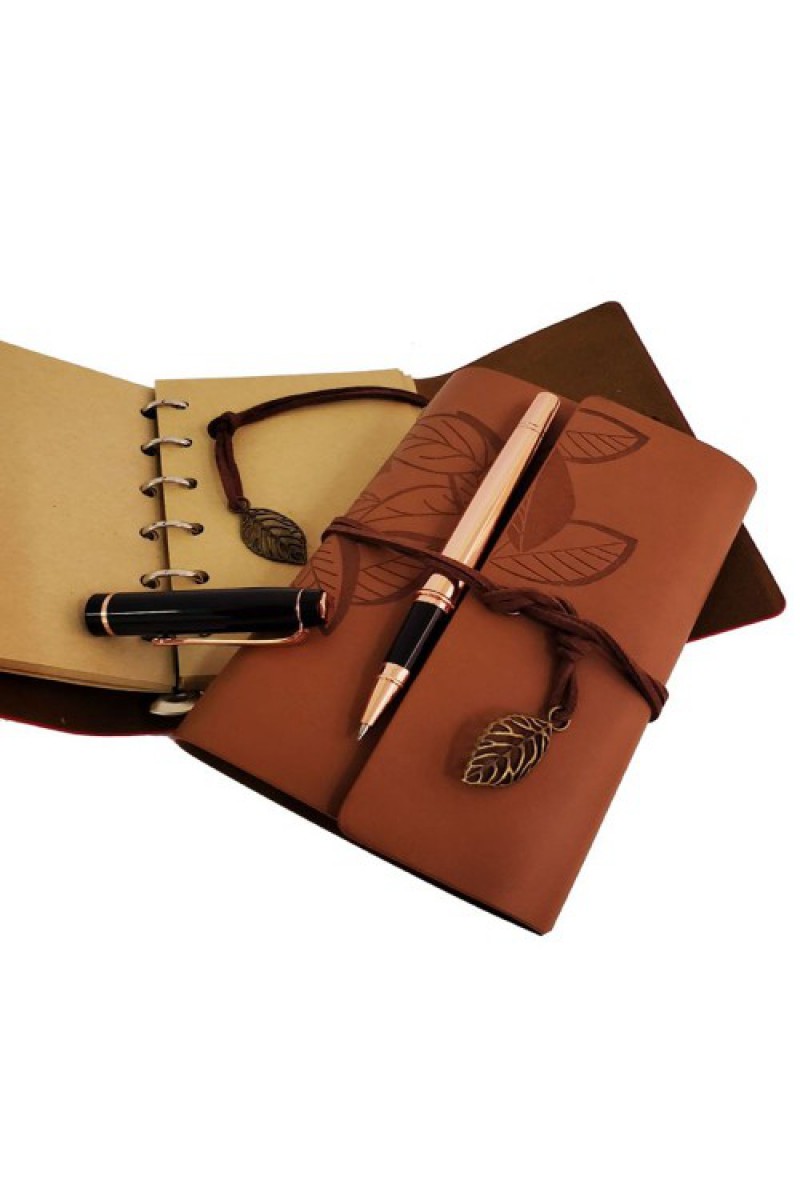 Ahşap Kutulu Taba Renk Deri Defter ve Metal Bakır Kalem Set