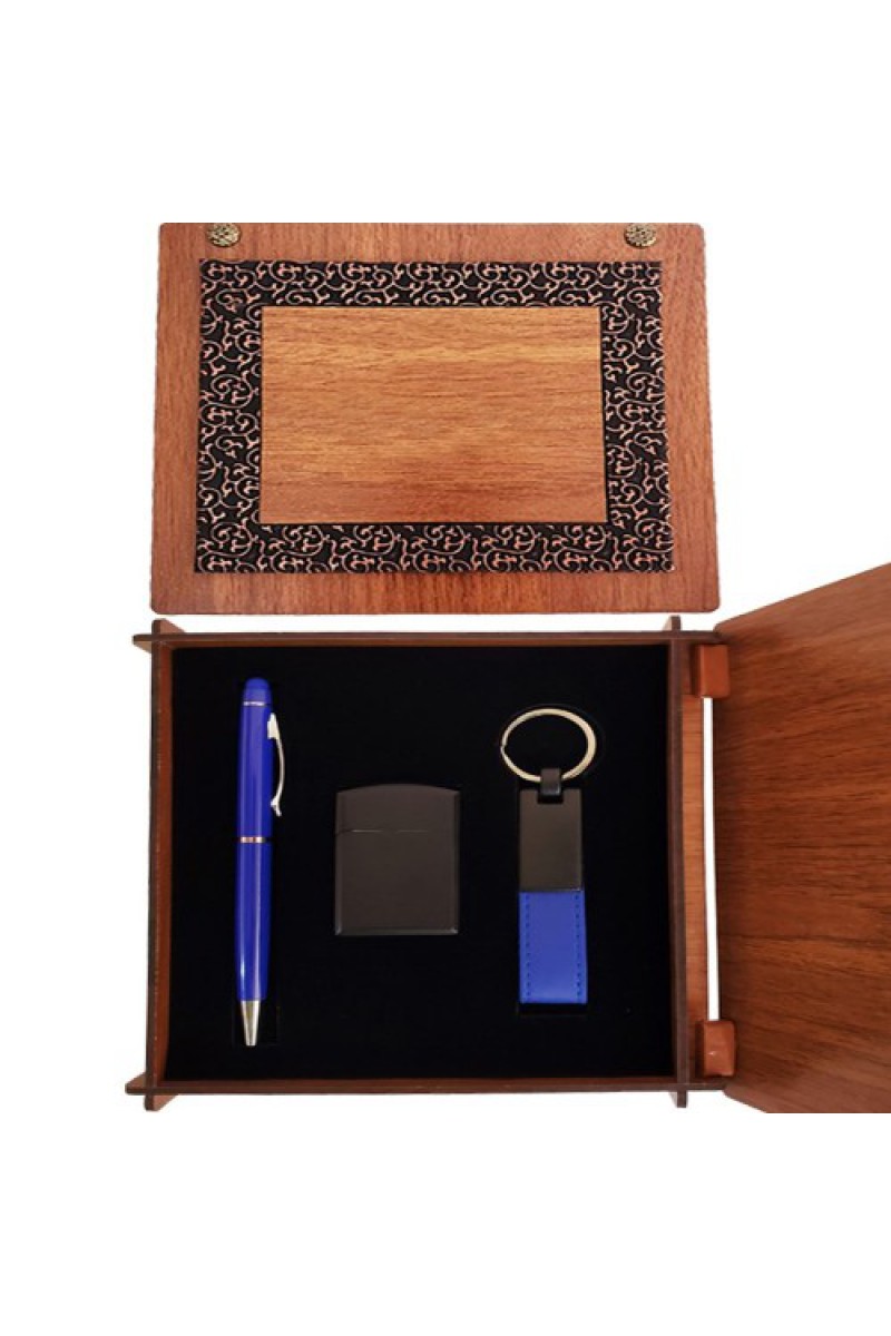 Ahşap Kutulu Mavi Kalem, Anahtarlık ve Çakmak Set