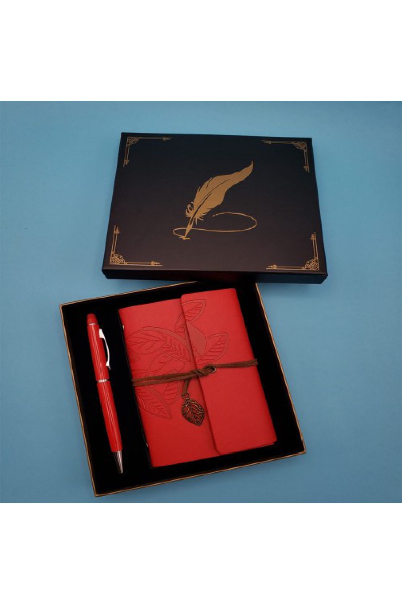 Kırmızı Deri Defter ve Metal Kalem Seti