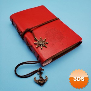 Pusula Tasarımlı Kırmızı Deri Defter