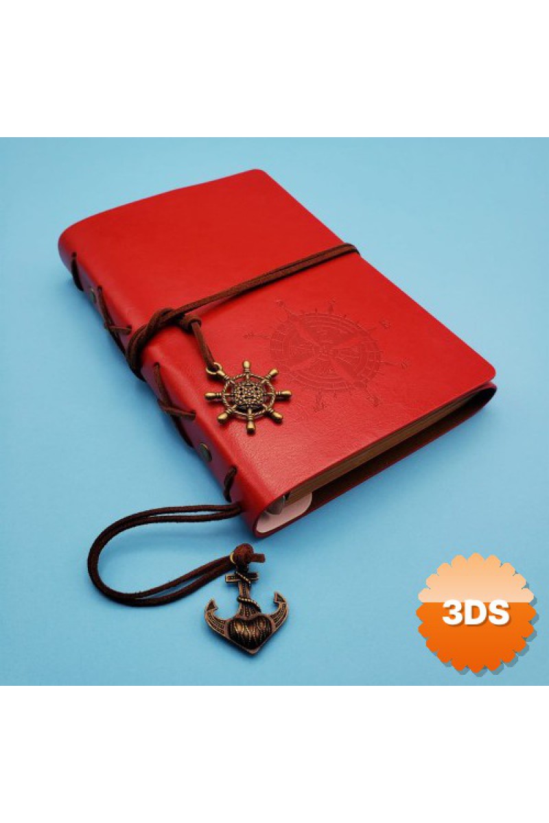 Pusula Tasarımlı Kırmızı Deri Defter