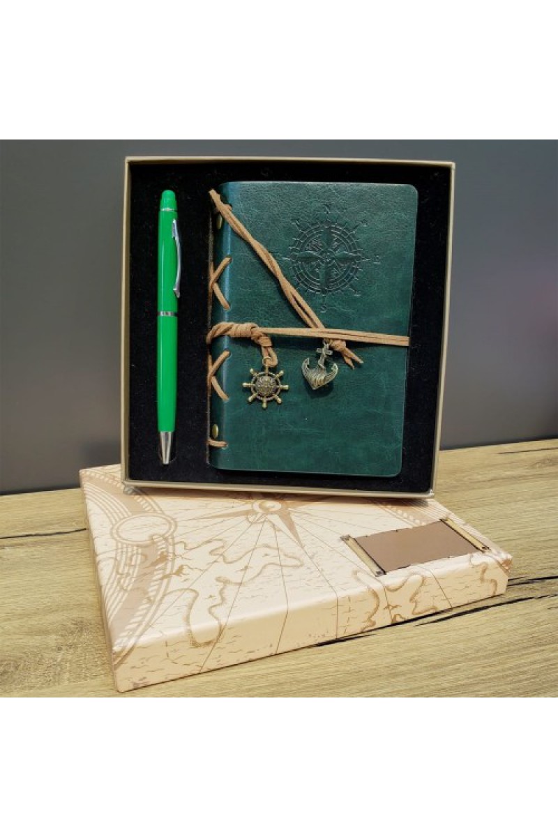 Hediyelik Defter Kalem Kutulu Set, Pusula Desenli Yeşil Deri