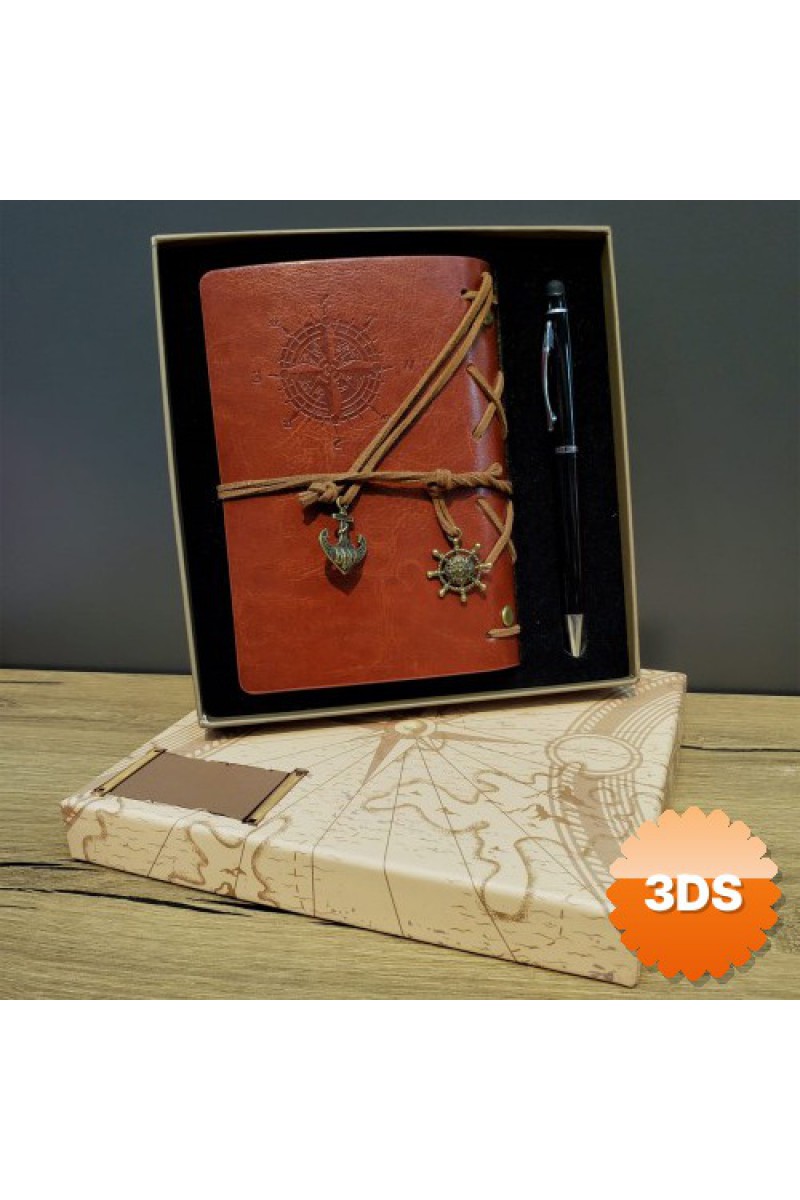 Pusula Baskılı Deri Defter ve Touchpen Kalem Seti