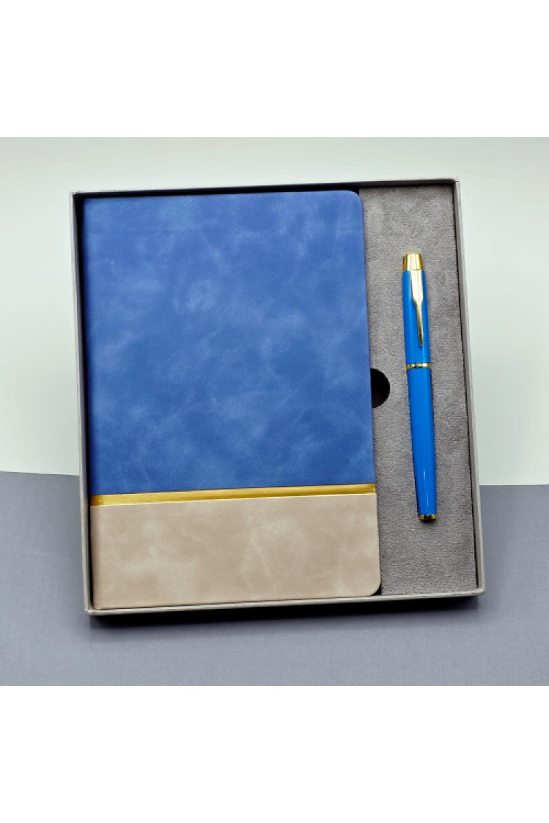 Gold Şeritli Mavi Defter ve Kalem Seti