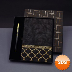 Gold Desen Siyah Deri Defter Kalem Seti
