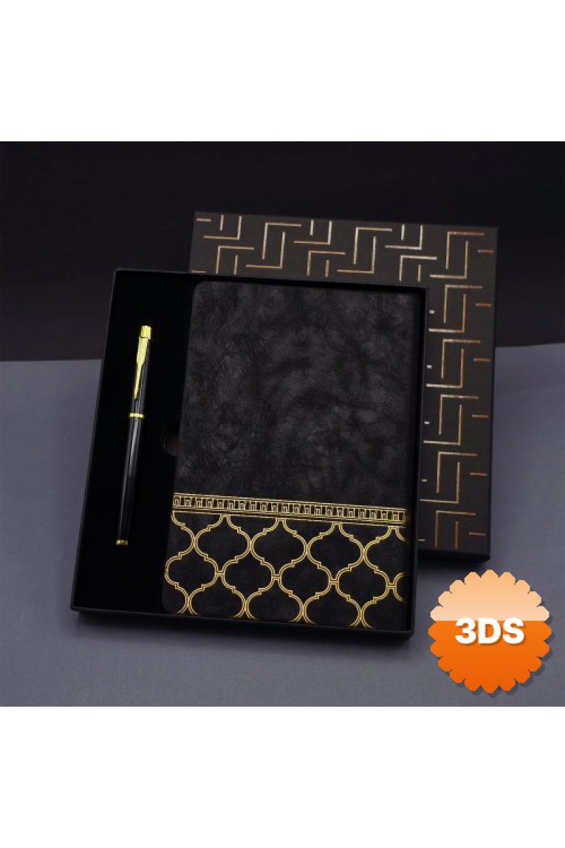 Gold Desen Siyah Deri Defter Kalem Seti