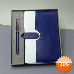 Mavi Beyaz Deri Kapaklı Defter ve Metal Kalem Seti
