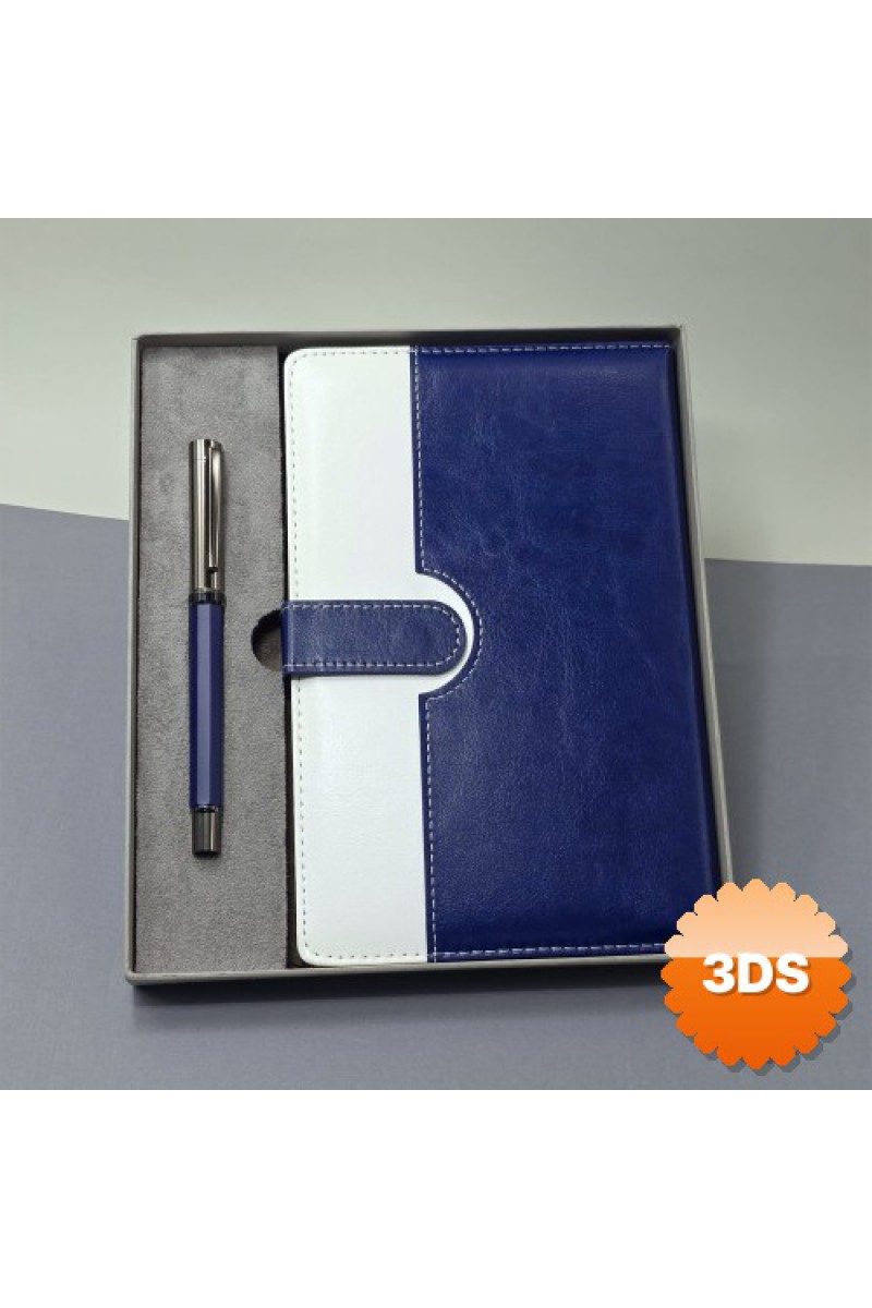 Mavi Beyaz Deri Kapaklı Defter ve Metal Kalem Seti