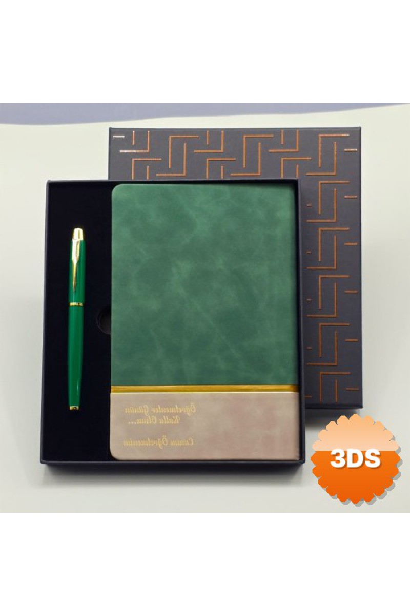 Yeşil Şeritli Defter Ve Yeşil Metal Kalem Set