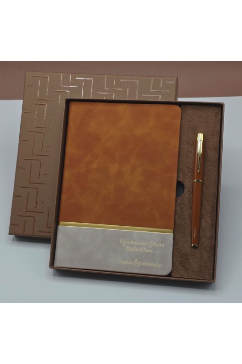Öğretmene Lüks Hediye Seti Deri Defter ve Metal Kalem