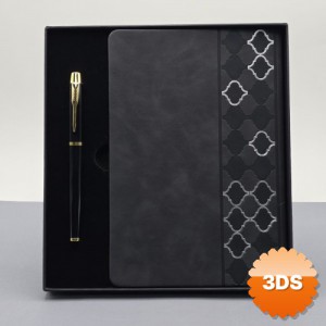 Desenli Siyah Deri Defter Kalem Set