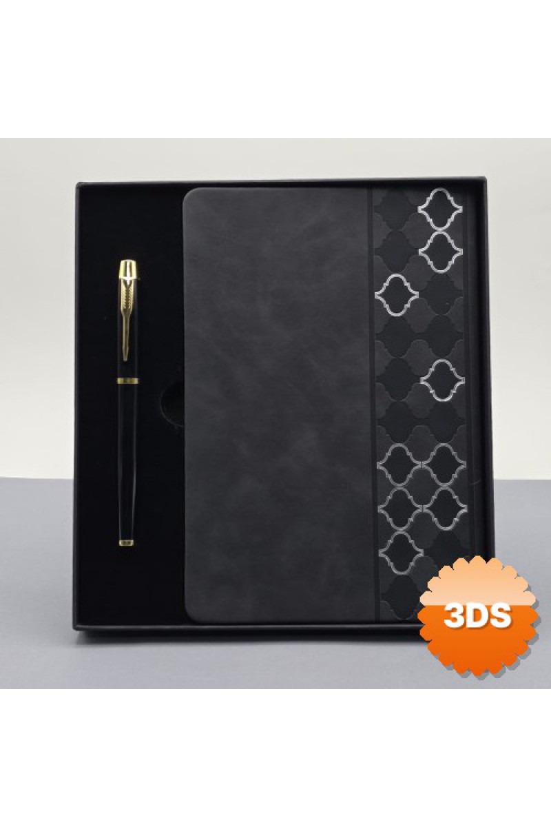 Desenli Siyah Deri Defter Kalem Set