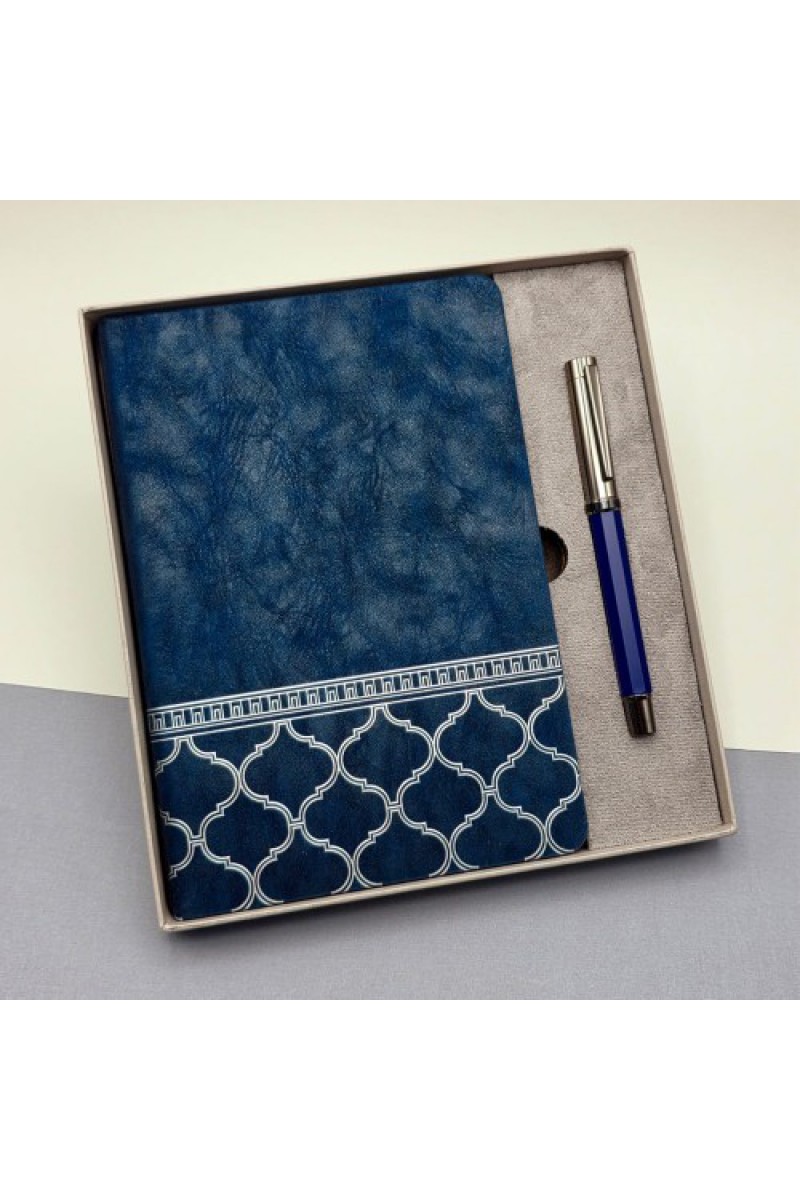 Kutulu Desenli Deri Defter ve Metal Roller Kalem Set