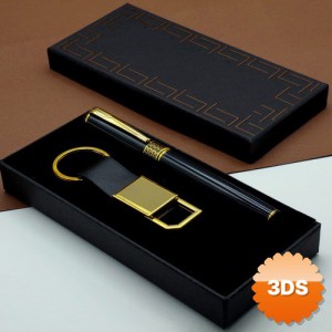 Hediyelik Siyah Kalem ve Gold Deri Anahtarlık Kutulu Set