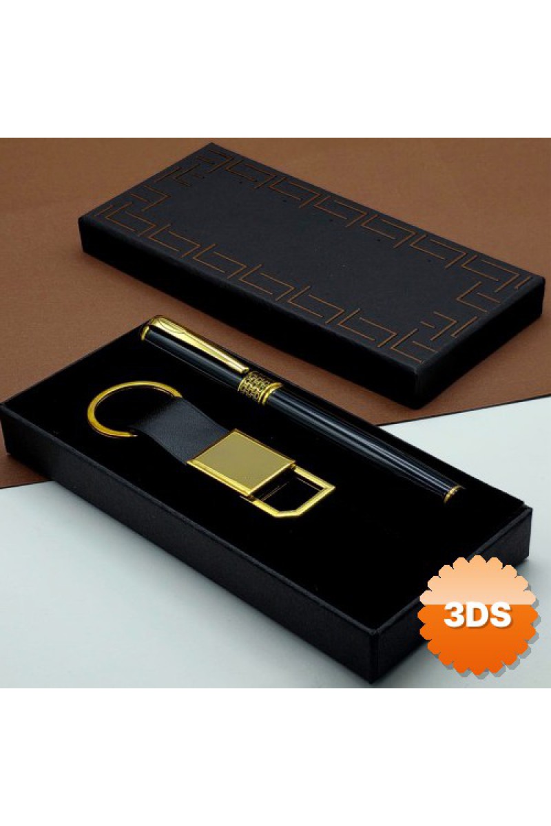 Hediyelik Siyah Kalem ve Gold Deri Anahtarlık Kutulu Set