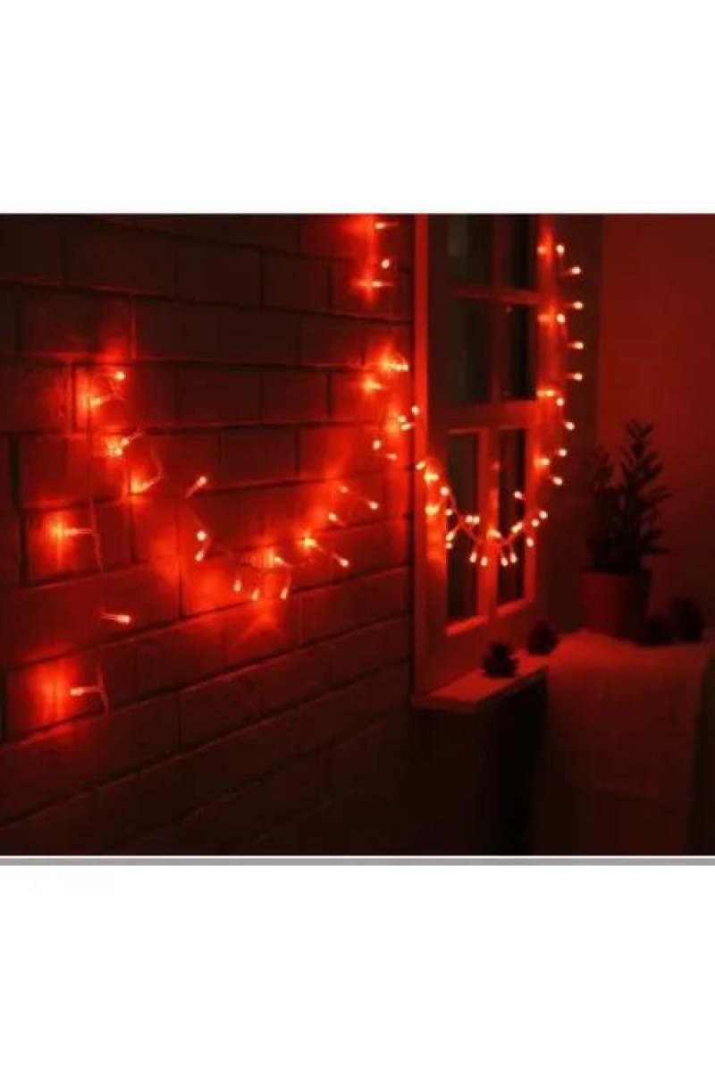 10m 100 LED Damla Uçlu Kırmızı Işık Şeffaf Kablo