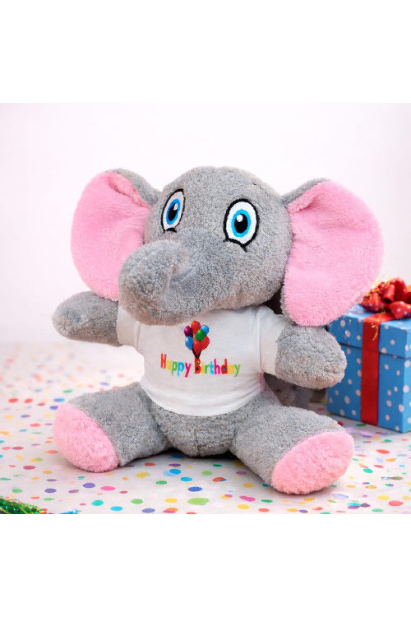 Happy Birthday Tişörtlü Peluş Oyuncak Fil 25 cm
