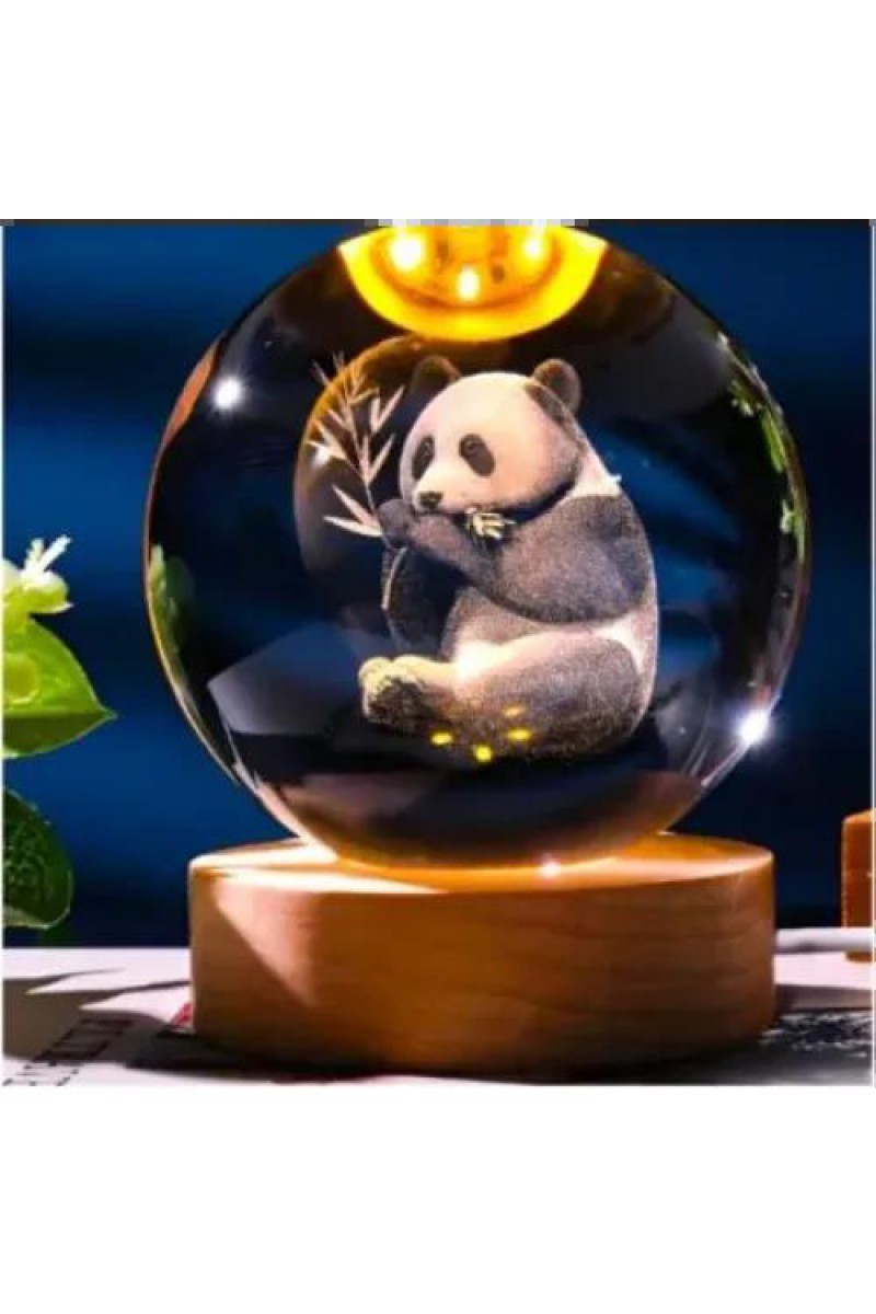 Dekoratif Panda Tasarımlı Ahşap Altlıklı Işıklı Cam Küre 8 cm
