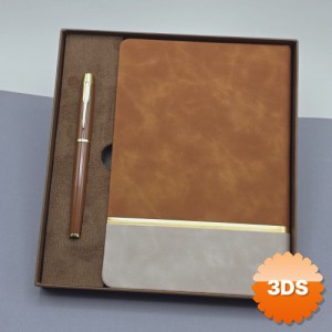 Kutulu Altın Şeritli Deri Defter ve Kahverengi Metal Roller Kalem Set