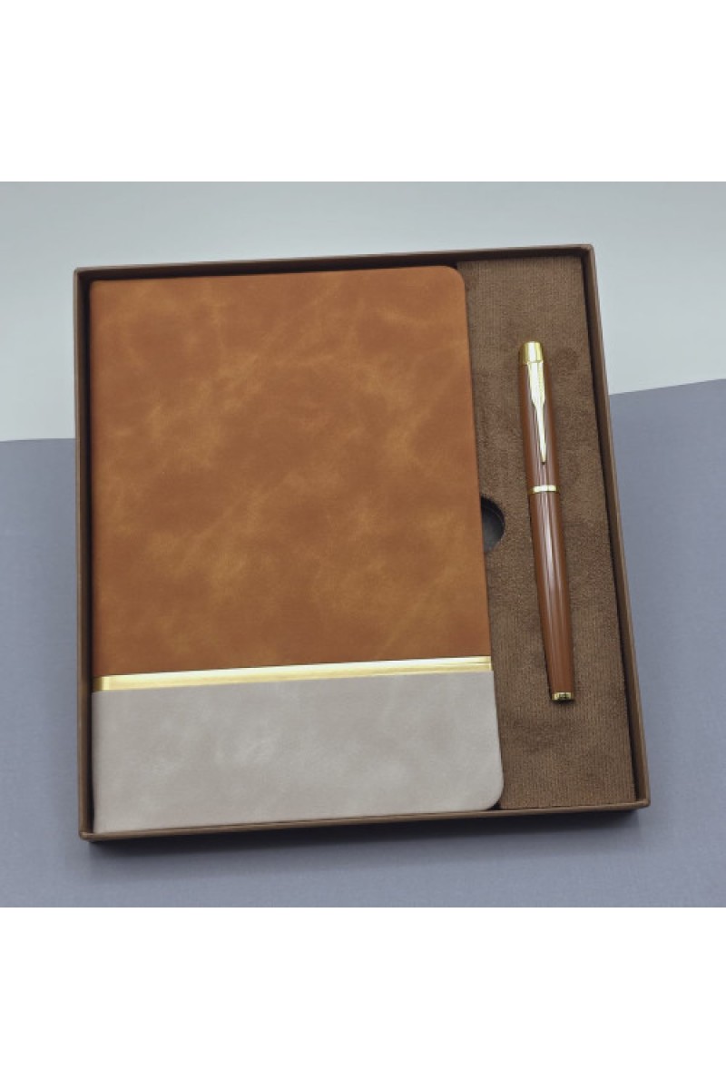 Kutulu Altın Şeritli Deri Defter ve Kahverengi Metal Roller Kalem Set