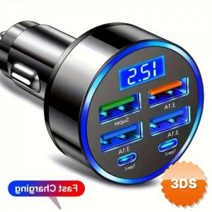 6 Portlu Hızlı Araç Şarj Cihazı 4 USB + 2 Type-C Dijital Göstergeli Oto Şarjı