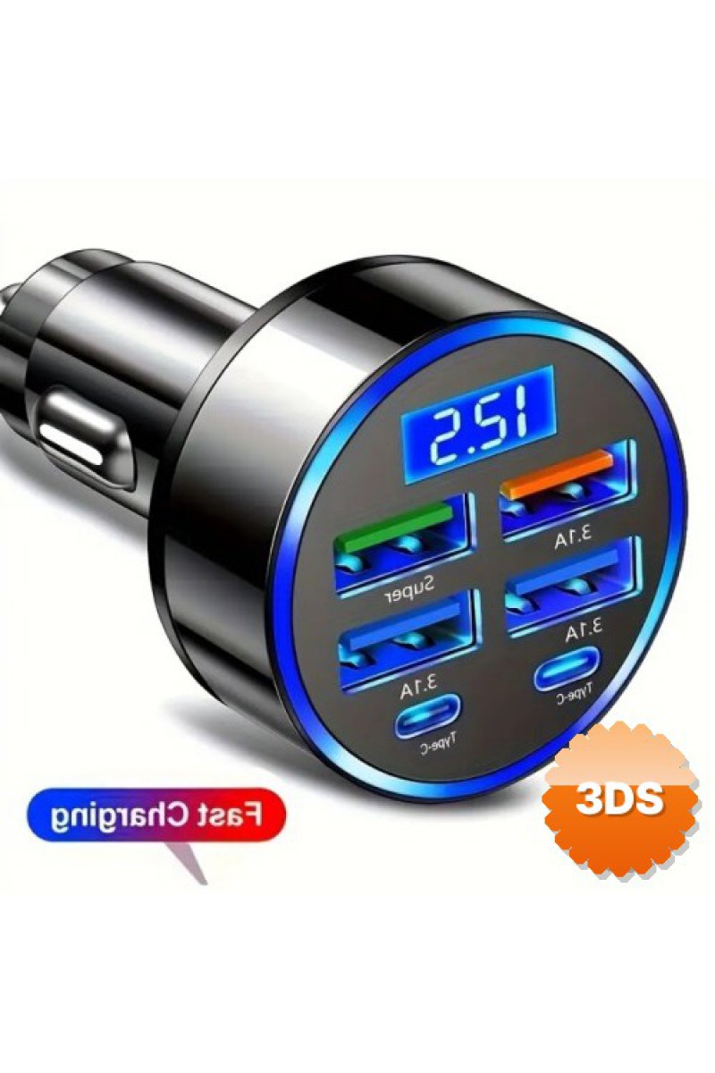 6 Portlu Hızlı Araç Şarj Cihazı 4 USB + 2 Type-C Dijital Göstergeli Oto Şarjı