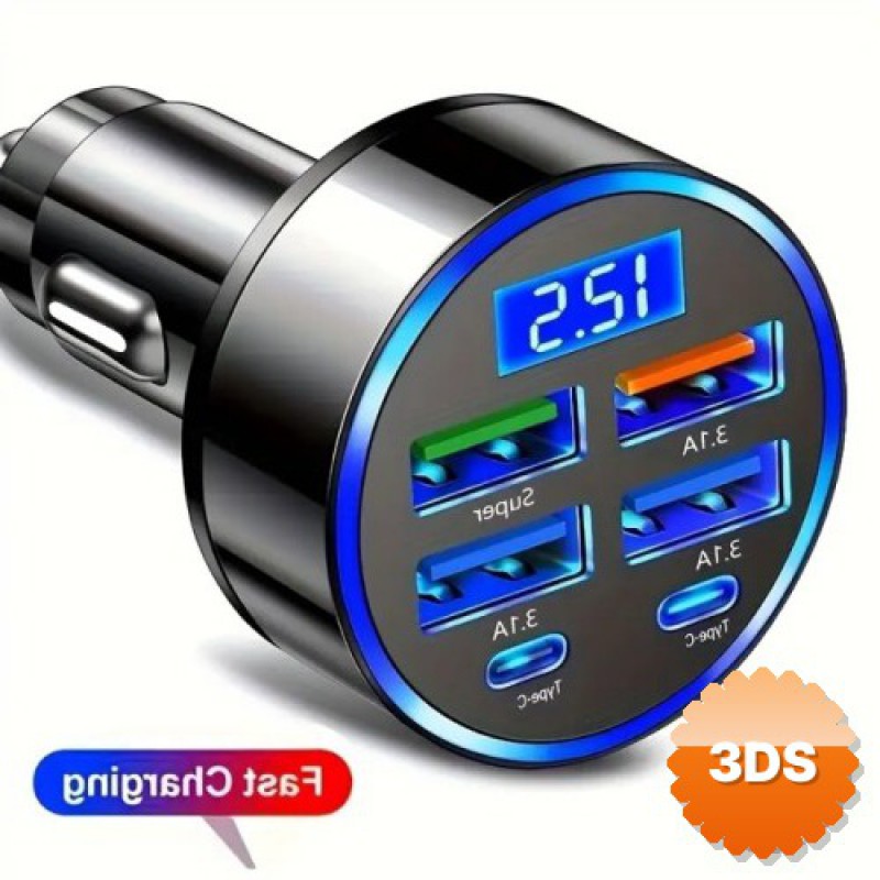 6 Portlu Hızlı Araç Şarj Cihazı 4 USB + 2 Type-C Dijital Göstergeli Oto Şarjı
