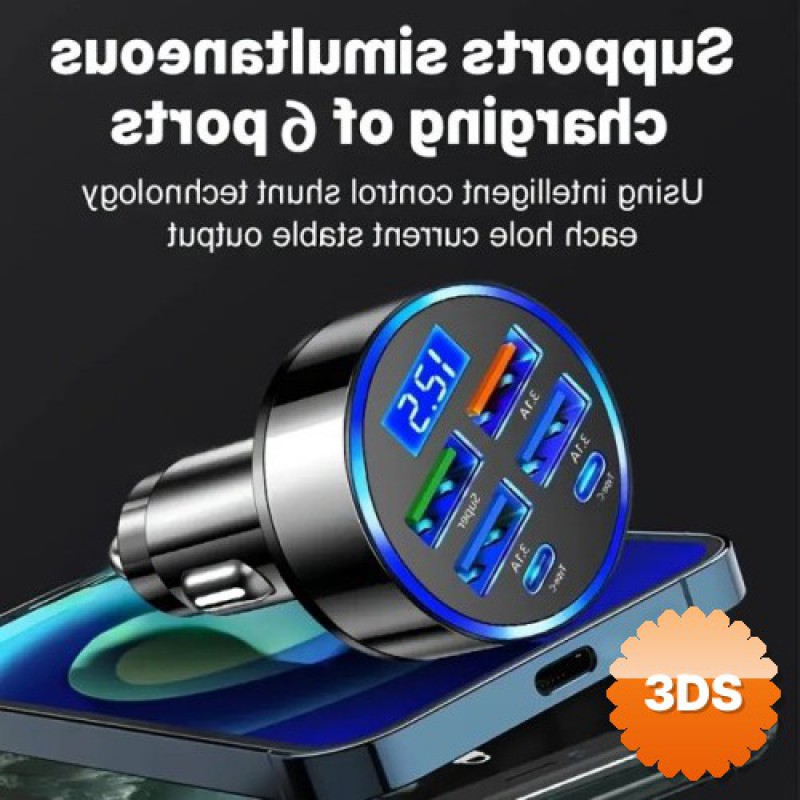 6 Portlu Hızlı Araç Şarj Cihazı 4 USB + 2 Type-C Dijital Göstergeli Oto Şarjı