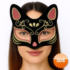 Siyah Süet Kaplama Kırmızı Sarı Simli Kedi Maskesi 17x14 Cm