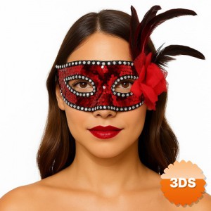 Kırmızı Renk Yandan Tüylü Güllü Gümüş Taşlı Pullu Maske 20x22 cm