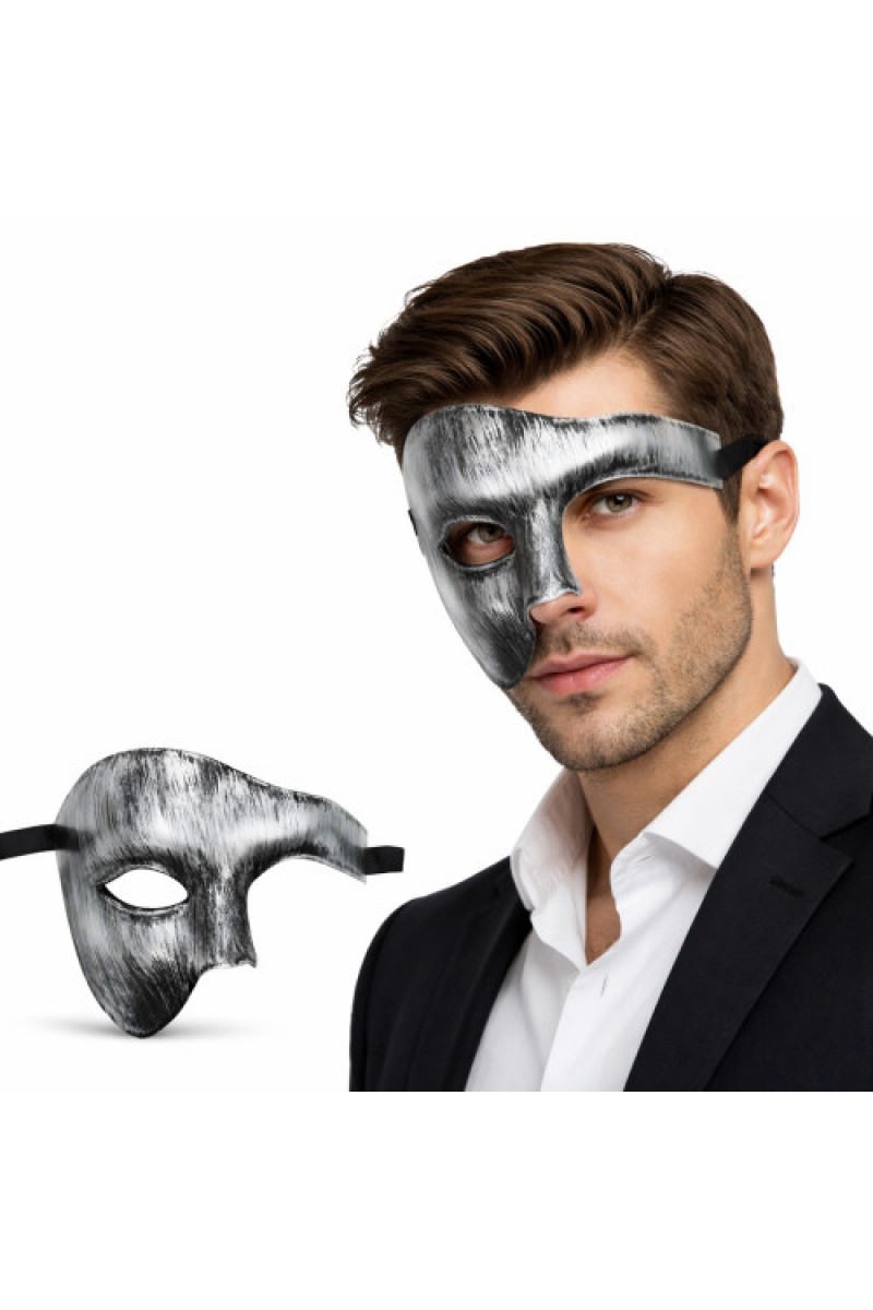 Antik Eskitme Gümüş Erkek Yarım Maske - Phantom &amp; Balo Maskesi