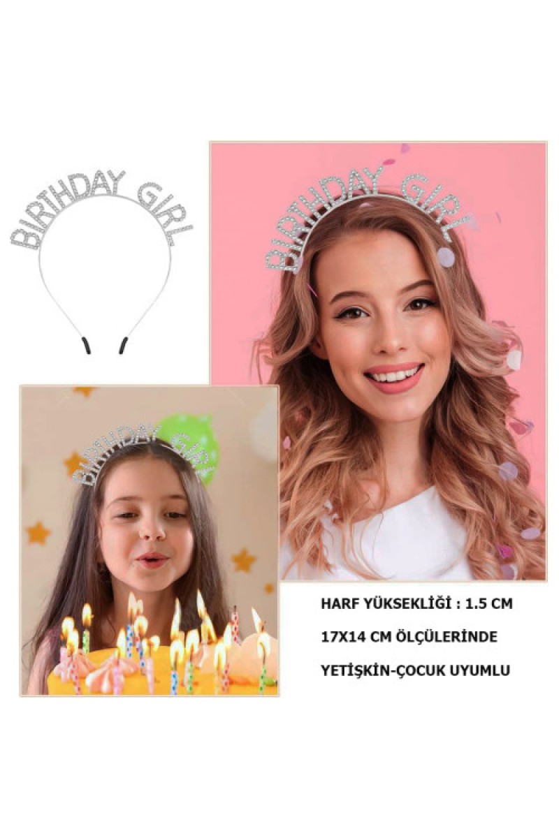 Kristal Taşlı Gümüş Birthday Girl Yazılı Parti Tacı 19x11 cm
