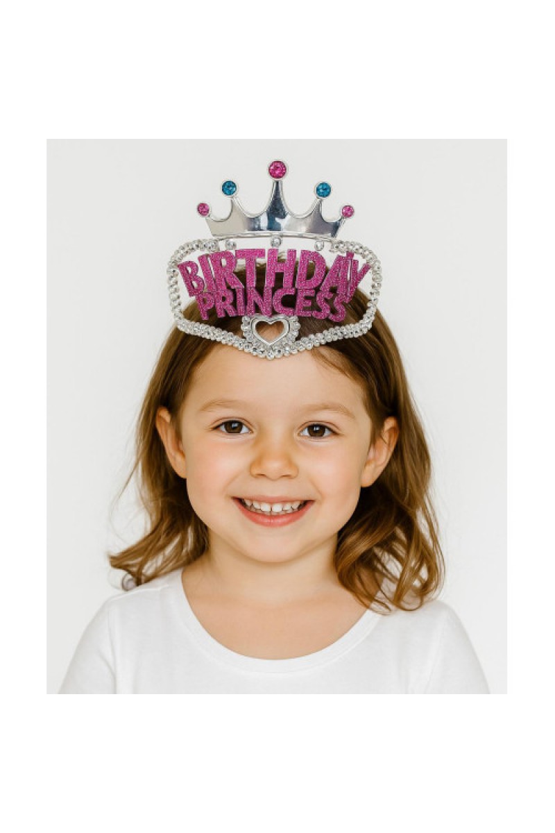 2 - Adet Gümüş Renk Taç Üzeri Pembe Birthday Prenses Yazılı Çocuk Parti Tacı 11x12 Cm