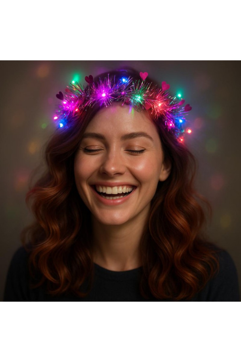 Kalp Püsküllü 3 Modlu LED Işıklı Taç Fuşya Renk