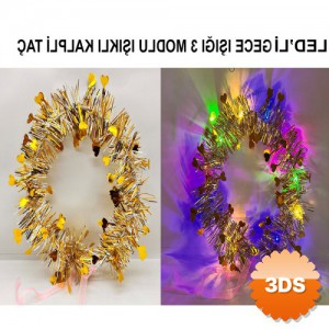 Kalp Püsküllü 3 Modlu LED Işıklı Taç Altın Renk