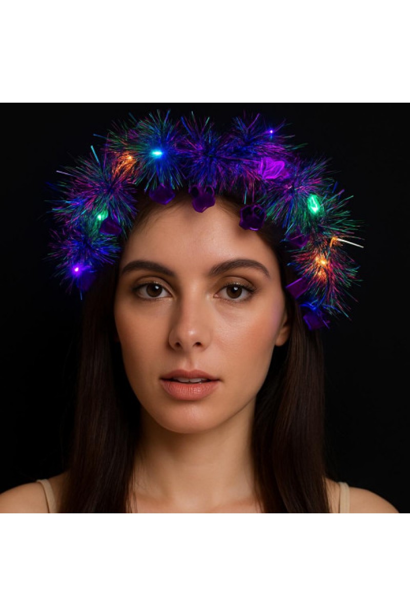 Kalp Püsküllü 3 Modlu LED Işıklı Taç Mor Renk