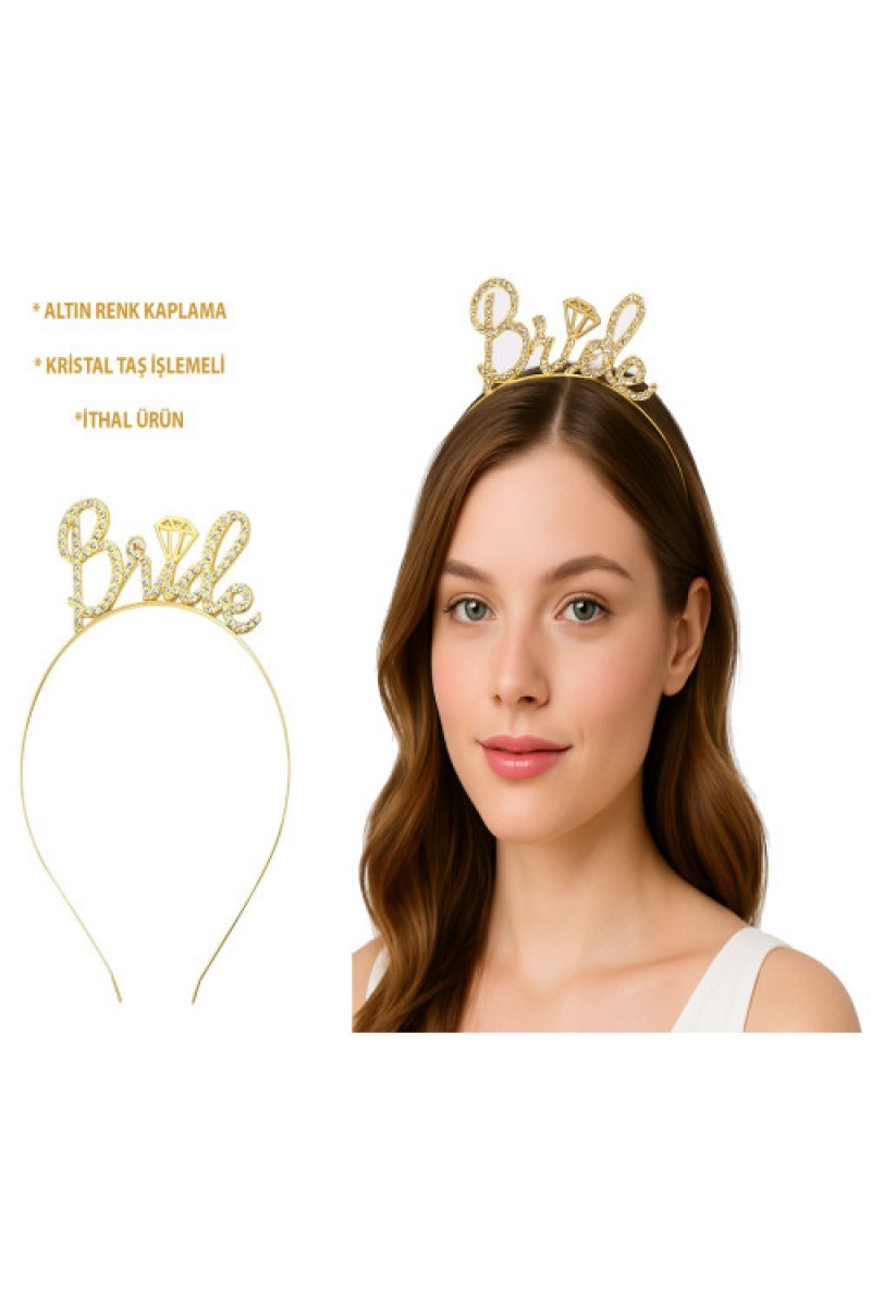 Altın Renkli Taşlı “Bride” Gelin Tacı – El Yazısı Yazı Tipiyle