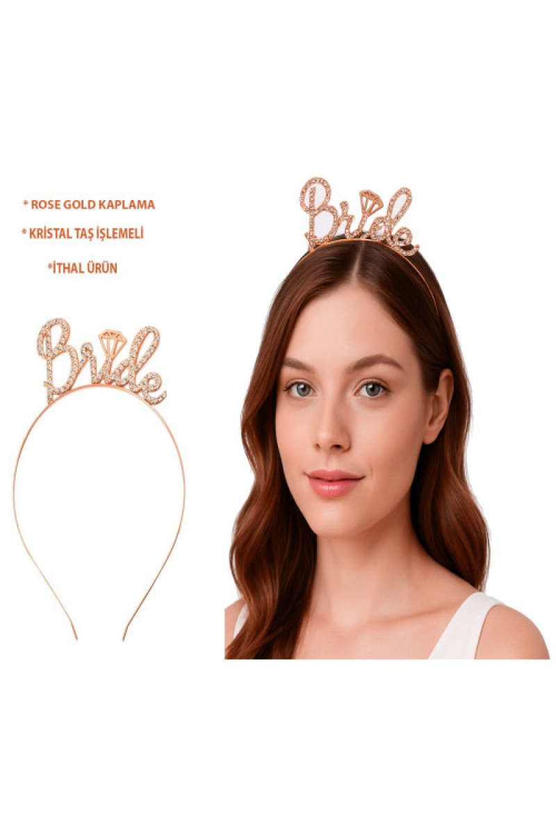 Rose Gold Renkli Taşlı Bride Gelin Tacı El Yazısı Yazı Tipiyle