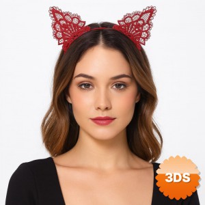 Dantelli Kırmızı Kedi Tacı Vintage Tarz Dantel Kedi Kulak