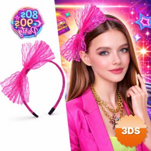 80'ler 90'lar Neon Pembe Dantel Taç Fiyonklu