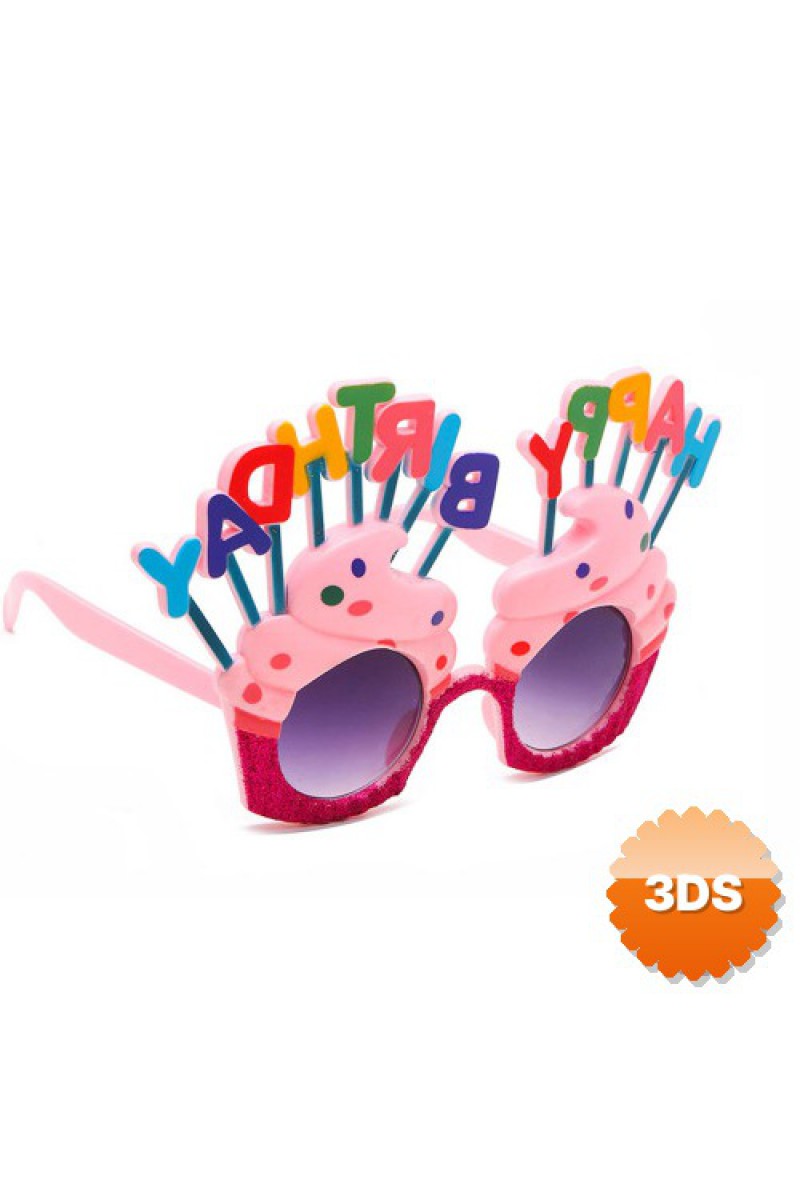 Happy Birthday Yazılı Pembe Fuşya Renk Pembe Pastalı Parti Gözlüğü 12x7 cm