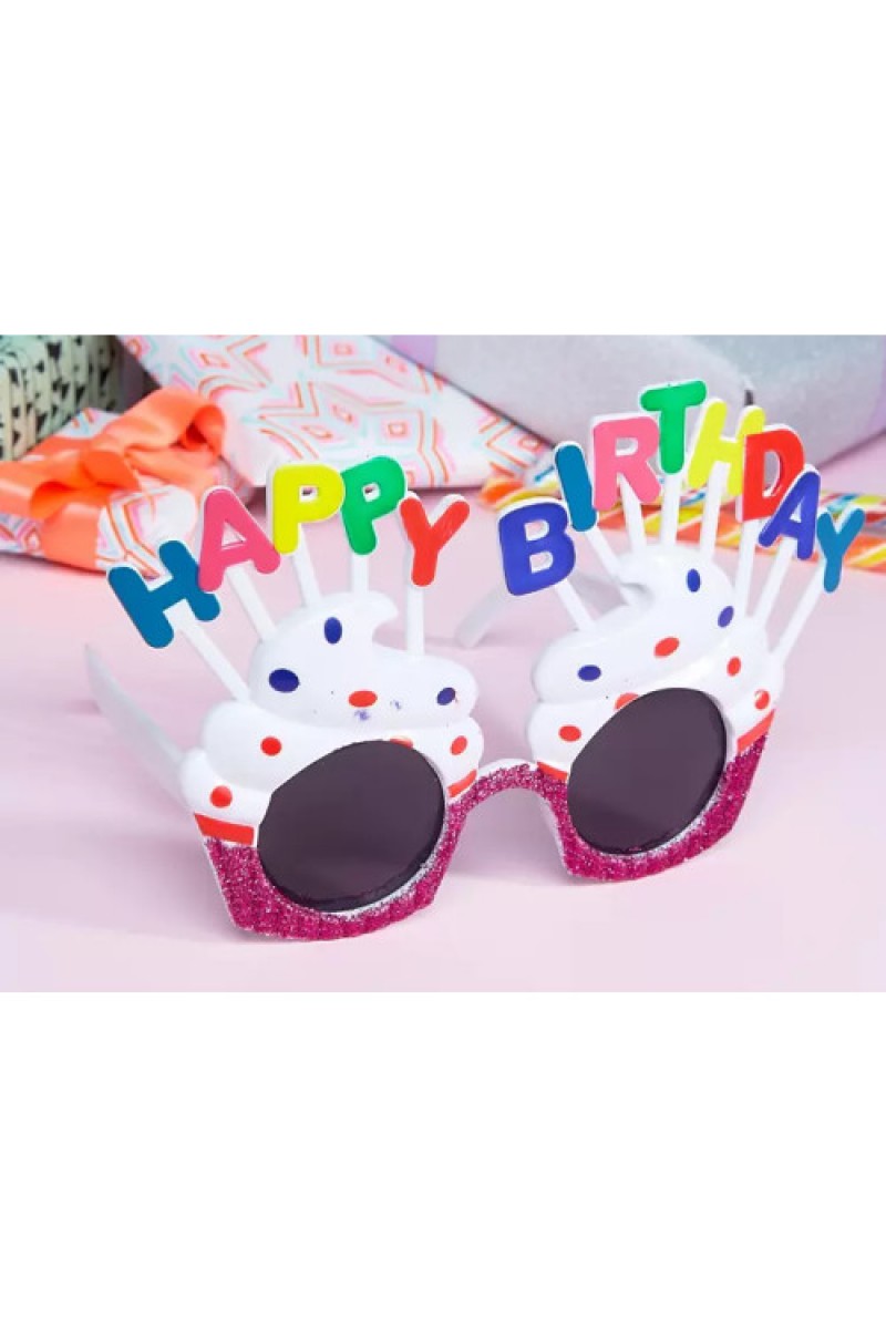 Happy Birthday Yazılı Beyaz Fuşya Renk Beyaz Pastalı Parti Gözlüğü 12x7 cm