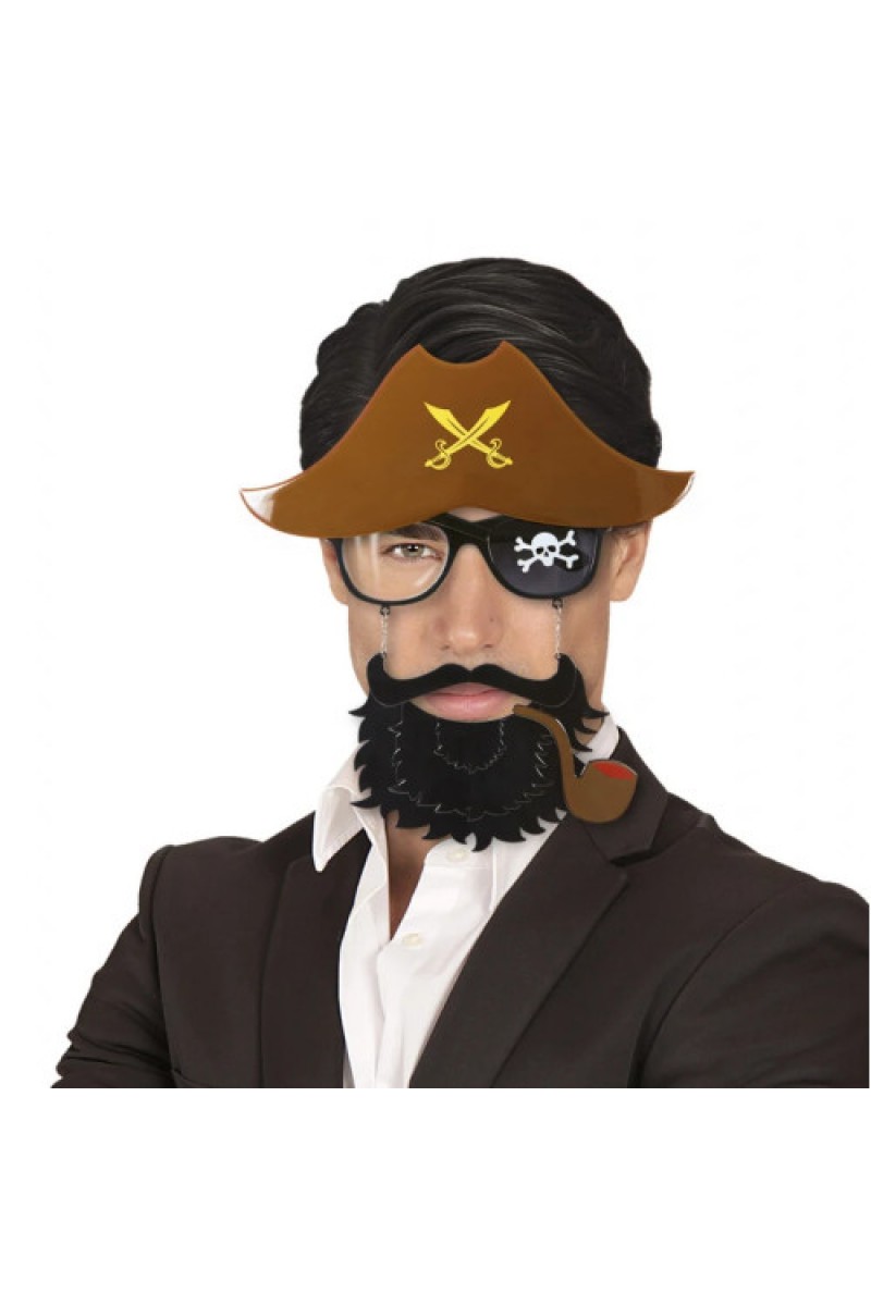 Kahve Renk Şapkalı Siyah Sakallı Pipolu Jack Sparrow Korsan Gözlüğü 24x25 cm