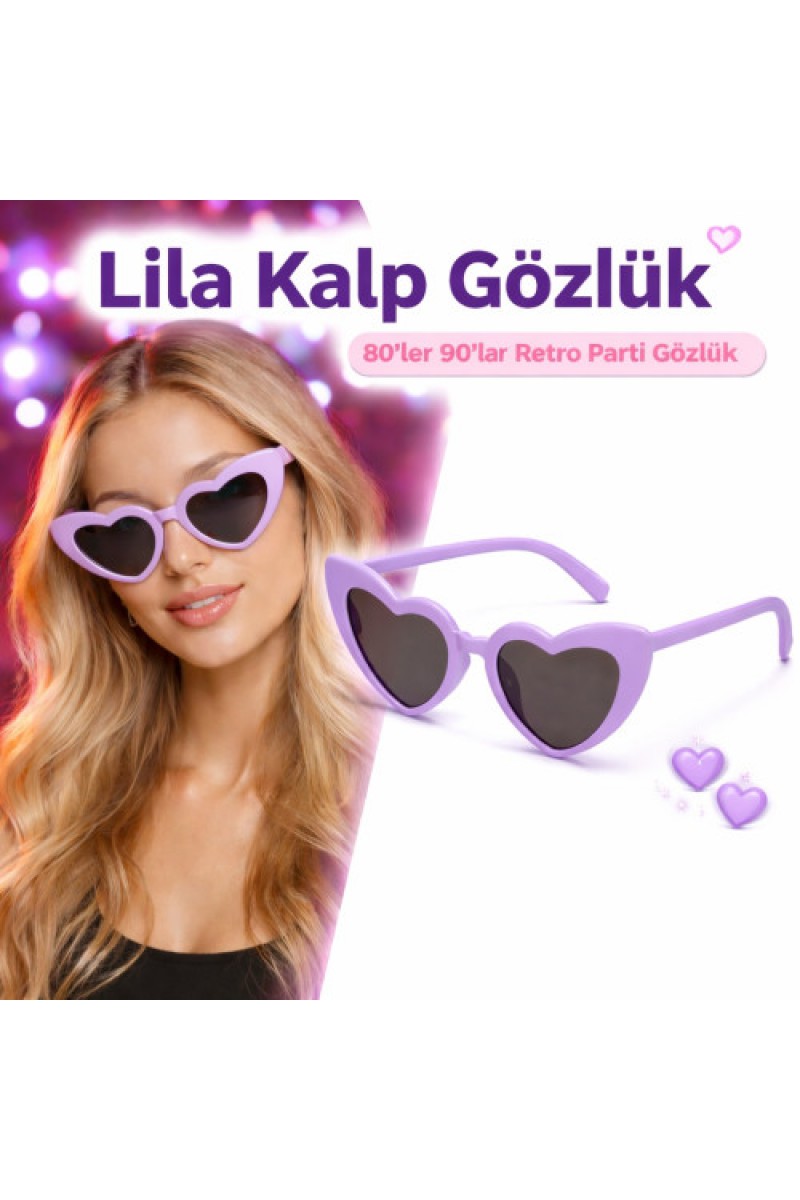 Mor Lila Retro Kalp Gözlük 80'ler 90'lar Stil Parti Gözlüğü