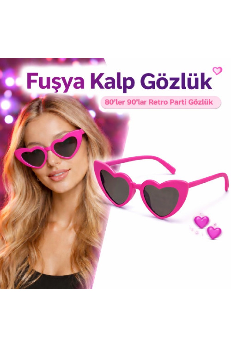 Fuşya Retro Kalp Gözlük – 80’ler 90’lar Stil Parti Gözlüğü