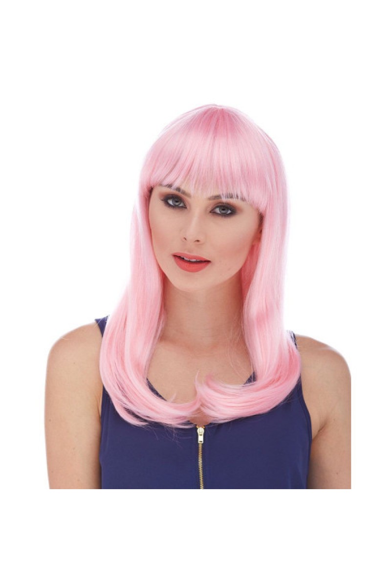 Soft Pembe Renk Uzun Düz Parti Peruğu 60 cm