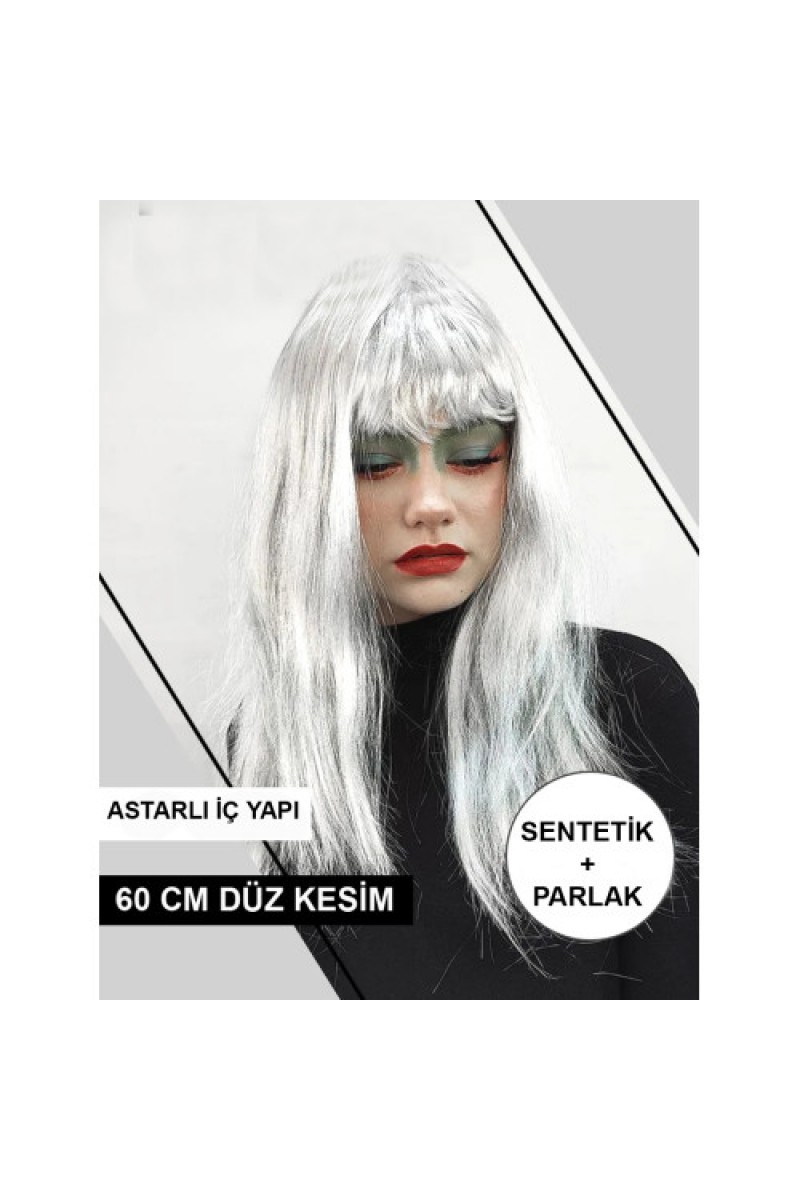 Platin Gri Gümüş Renk Uzun Parti Peruğu Takma Peruk